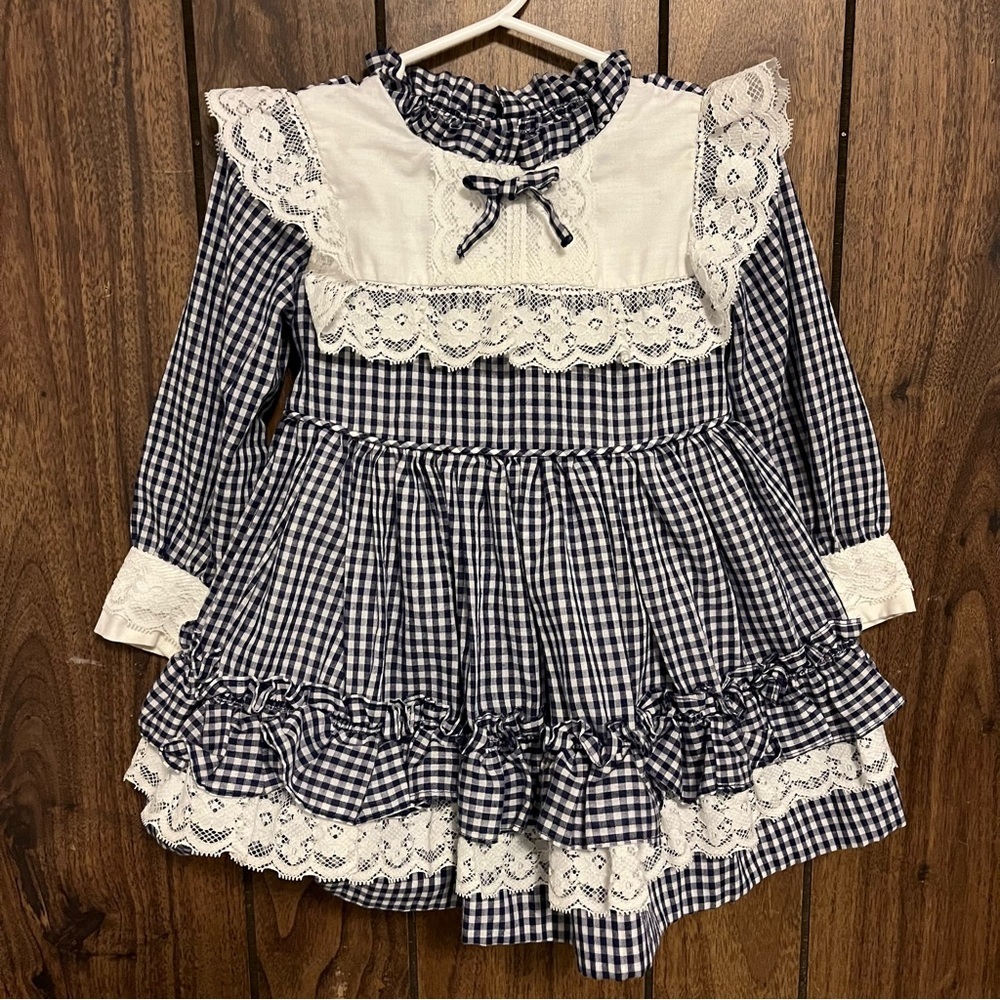 Baby Girl Blue/white Plaid Ruffle Prairie Bib Lace Cottagecore Dress Sz 18 Mos.